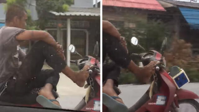 YouTube: descubrió a un asiático manejando su moto con los pies y video sorprende a todos
