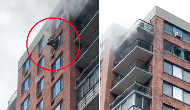 El bombero tuvo que tranquilizar a la mujer que se encontraba atrapada en el piso 16 de un edificio. Foto: Captura / Twitter