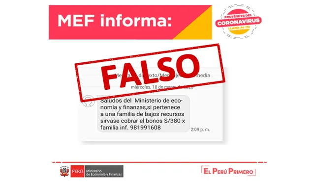 MEF informa que inescrupulosos enviaron un mensaje de texto falso sobre el bono de S/ 380 para familias vulnerables por coronavirus.