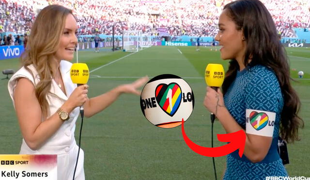 Una periodista de la BBC hizo caso omiso a los anuncios de la FIFA y portó el brazalete LGBT. Foto: composición LR/ captura Twitter
