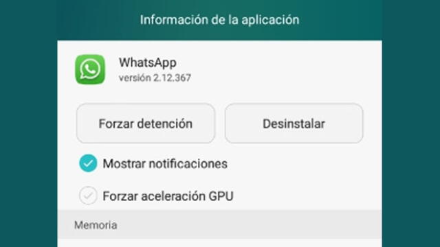 Con 'Forzar detención' puedes apagar WhatsApp.