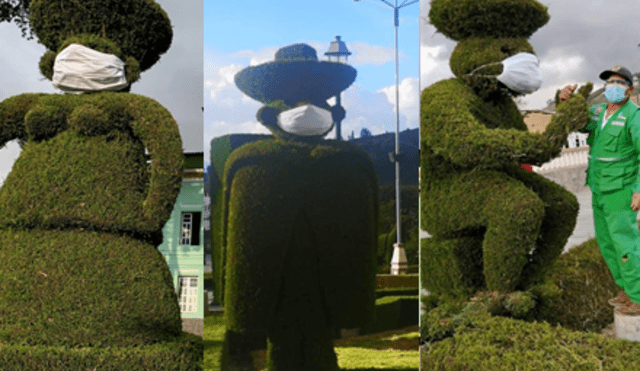 Huamachuco: colocan mascarillas a figuras de arbustos de plaza de Armas para promover su uso