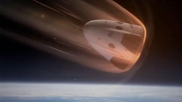 Ilustración de la cápsula Crew Dragon ingresando a la atmósfera terrestre. Crédito: SpaceX.