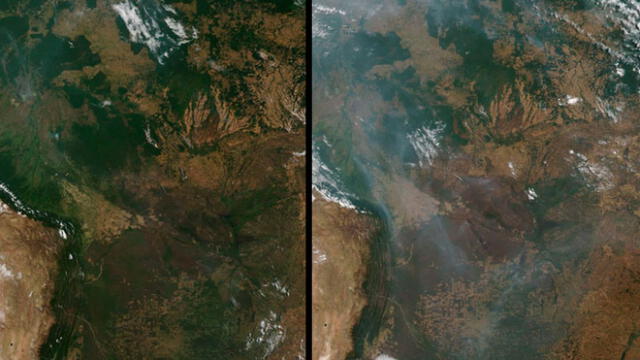 Imágenes satelitales del 30 de julio (izquierda) y 24 de agosto (derecha) de región amazónica afectada por el incendio (Brasil, Bolivia, Paraguay). Earthdata/NASA.