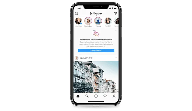 Instagram mostrará en la parte superior de la pantalla de inicio un mensaje con un enlace directo hacia la página de la OMS y los ministerios de salud locales.