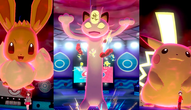 Formas Gigamax de Eevee, Pikachu y Meowth en Pokémon Espada y Escudo