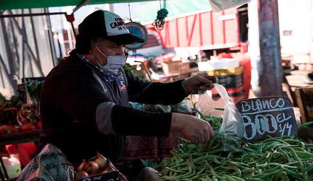 Un trabajador de una feria libre pone verduras en bolsas plásticas, el 31 de julio de 2020 en la comuna de Peñalolén, en Santiago (Chile). Foto: EFE