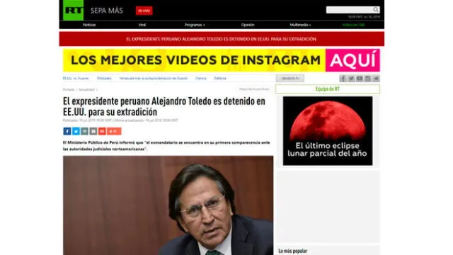 RT: El expresidente peruano Alejandro Toledo es detenido en EE.UU. para su extradición