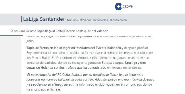 Renato Tapia: reacción de los medios a su llegada a Celta de Vigo. Foto: Cope