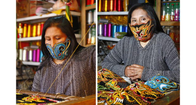 Yolanda  Chambi Nina, bordadora de Puno, aplicó todo su arte para la confección de estas mascarillas. Foto: Juan Carlos Cisneros.