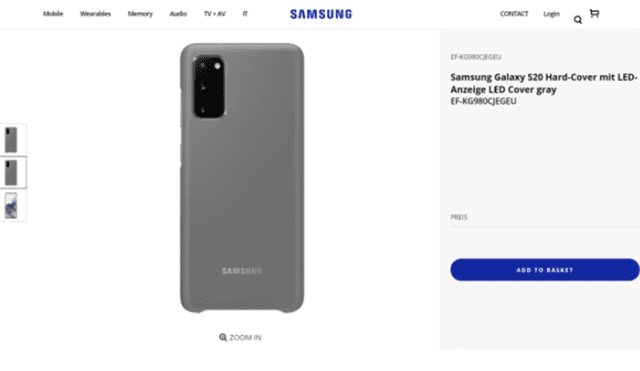 Página de soporte oficial de Samsung con el case para el Galaxy S20.