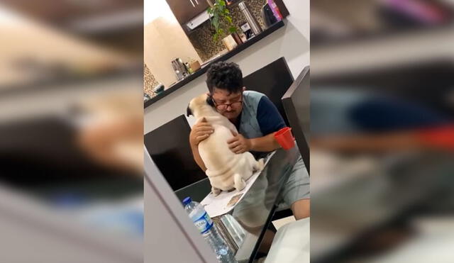 Desliza las imágenes para apreciar el amoroso momento entre un hombre con la mascota de su hijo. Foto: Captura de Facebook