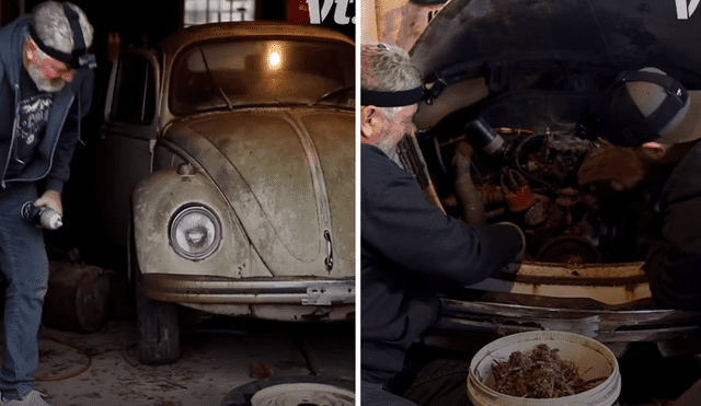 Un grupo de mecánicos logró encender un automóvil 'escarabajo' en un deplorable estado. Foto: Facebook