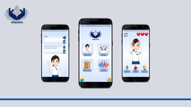 Las funciones y el avatar de Kinésika en la pantalla de un teléfono celular.