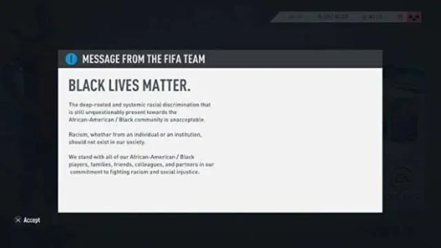 EA Sports ha publicado un mensaje en FIFA 20 apoyando al movimiento Black Lives Matter