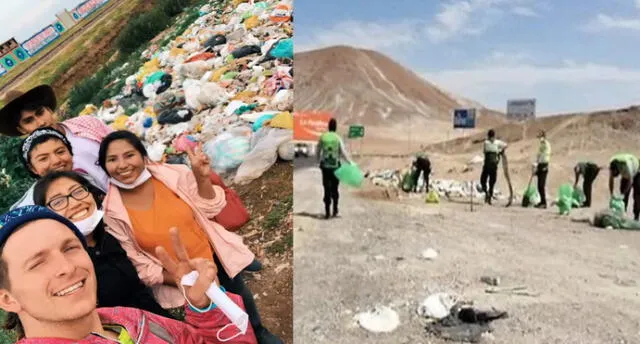 Policías y youtuber americano recolectaron basura en la carretera Arequipa - Uchumayo.