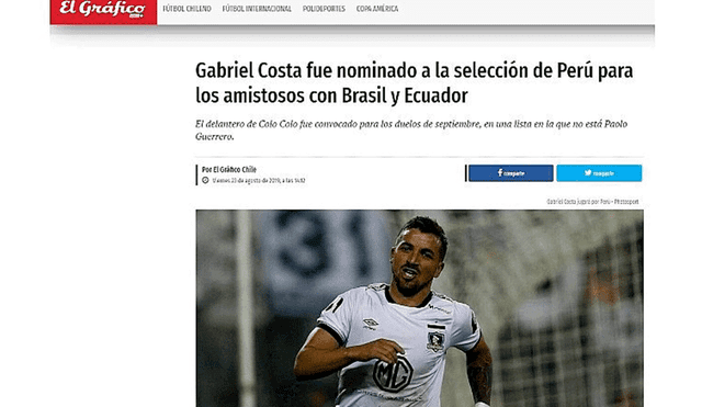 Así informó la prensa chilena sobre la convocatoria de Gabriel Costa a la selección peruana.