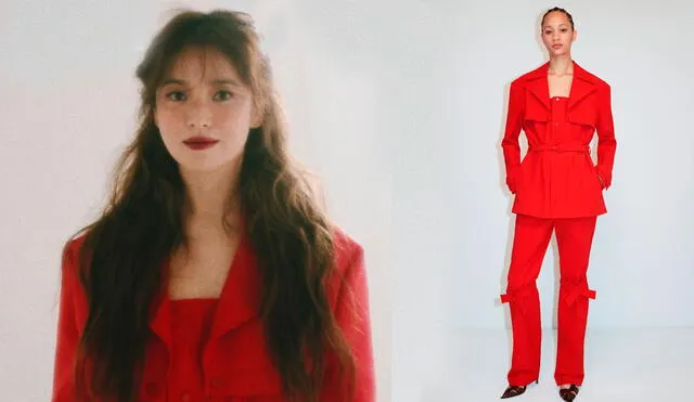 Song Hye Kyo luce un traje rojo vestido de la colección fall 2020 ready-to-wear de Bottega Veneta.