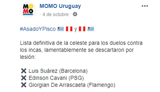 La publicación de Facebook deja en claro que hay un excelente lazo entre los hinchas de Uruguay y Perú.