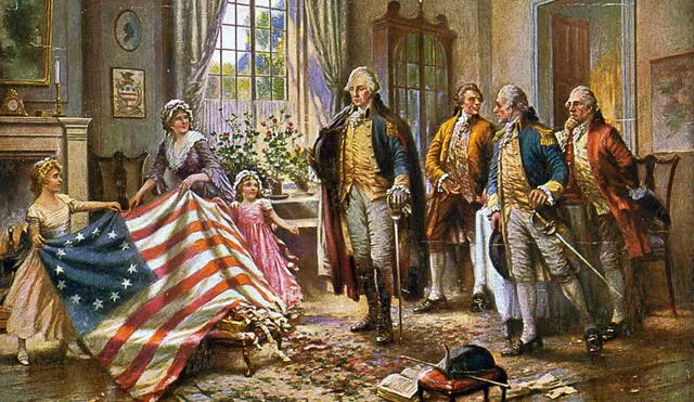 Betsy Ross, mujer que diseñó la primera versión de la primera bandera de EE.UU, mostrándole su invención a George Washington. (Foto: Difusión)