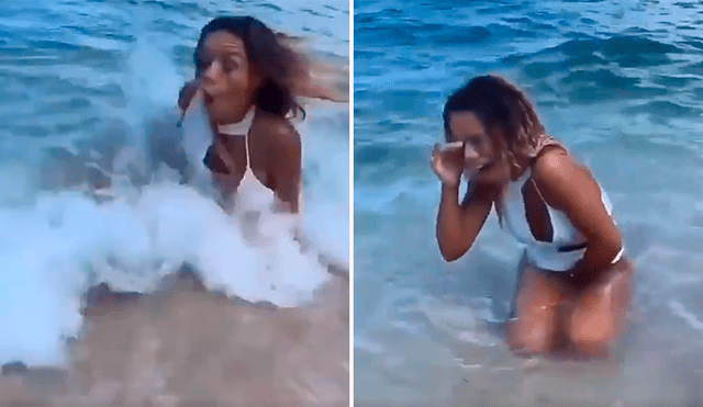 Video viral de Facebook mostró el preciso instante en que una gigantesca ola arruina la sesión de fotos de una bella modelo.