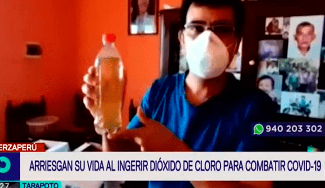 Pobladores de Tarapoto consumen lejía para combatir al coronavirus. Foto: Captura