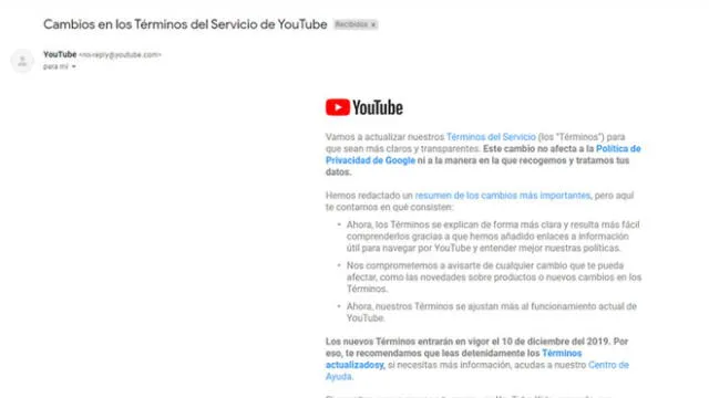 YouTube notificó los cambios de sus términos de servicio a través de un correo enviado a gmail.
