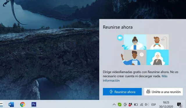 "Reunirse ahora" en la barra de tareas de Windows 10. Foto: captura de Windows 10