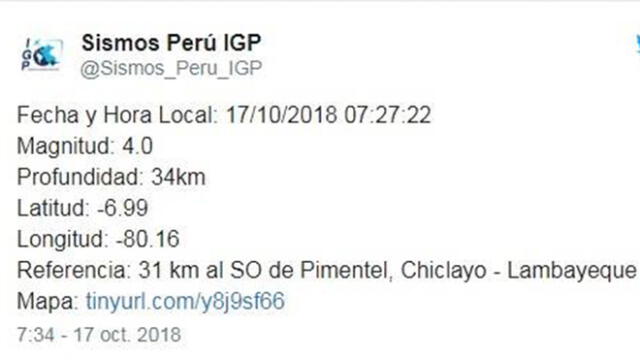 Sismo de 4 grados se registró esta mañana en Chiclayo 