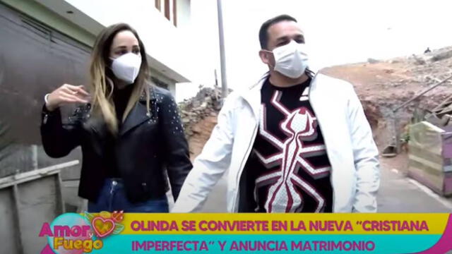 Olinda Castañeda y su novio Christian Marcial anuncian su matrimonio en Amor y fuego. | FOTO: Captura Willax TV.