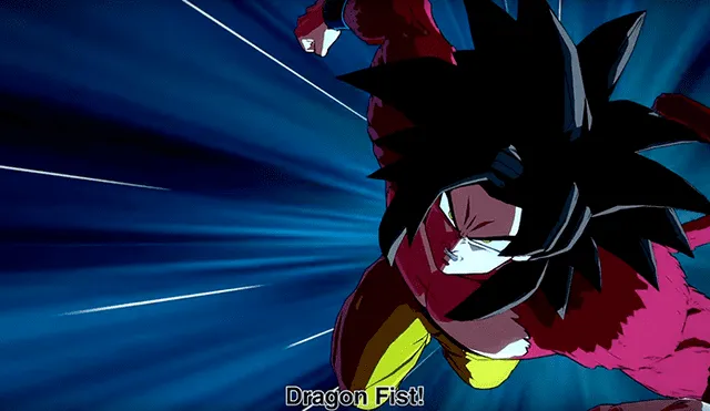 Goku SSJ4 em Dragon Ball FighterZ num ataque de Kid Goku