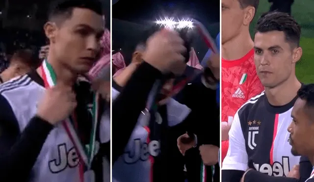 El futbolista portugués Cristiano Ronaldo dejó una de las imágenes del partido por la final de la Supercopa italiana en el momento que recibió la medalla de subcampeón.