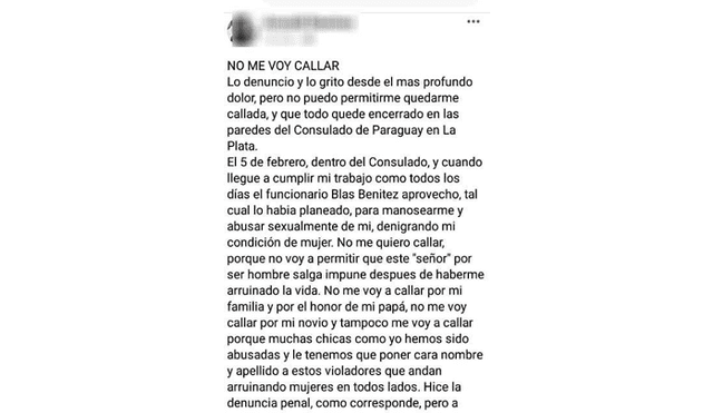 La joven escribió en sus redes sociales que “no puede quedarse callada ante la agresión” y que todo quede encerrado en las paredes del Consulado de Paraguay en La Plata
