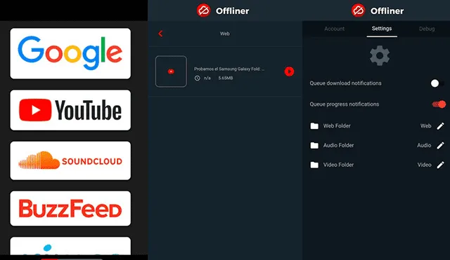 Offliner permite descargar páginas web, música, videos y música.