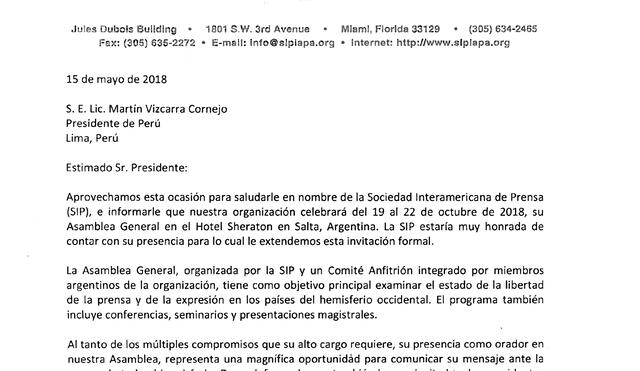 Sociedad Interamericana de Prensa invitó a Martín Vizcarra a su Asamblea