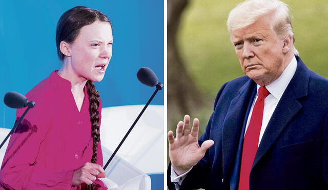 Dos posiciones. Greta Thunberg y Donald Trump. El último ha intentado en todo momento ningunear el discurso de la activista climática. (Fotos: AFP)