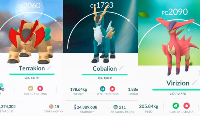 Terrakion, Cobalion y Virizion shiny en Pokémon GO. Foto: Pokémon GO