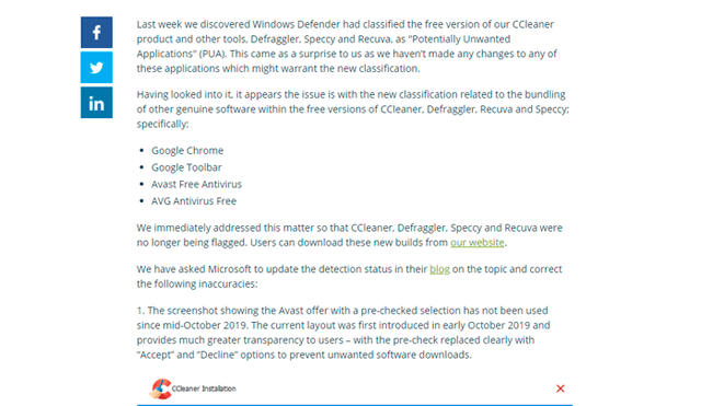 Hace algunas semanas, Windows Defender incluyó como PUA a CCleaner, provocando que su desarrollador se pronuncie. Imagen: Ccleaner.com