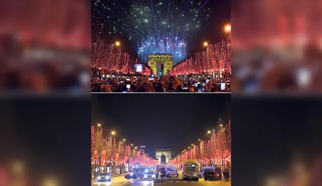 Francia. Abajo, foto sin fuegos artificiales sobre el Arco del Triunfo durante la celebración en París en las primeras horas del 2021. Arriba, contraste de una imagen similar un año antes. Fotos: AFP