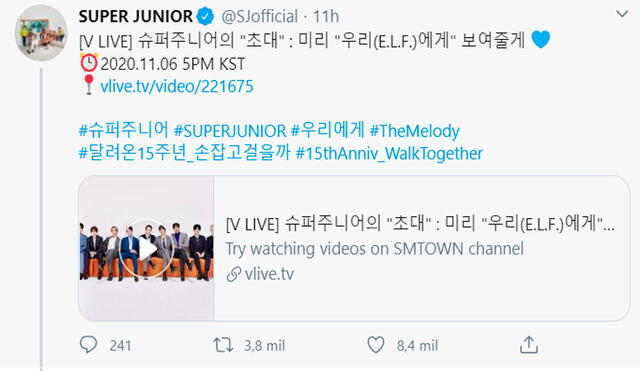 Tuit sobre el evento de estreno de "The melody" de SUPER JUNIOR por V Live. Foto: Captura Twitter