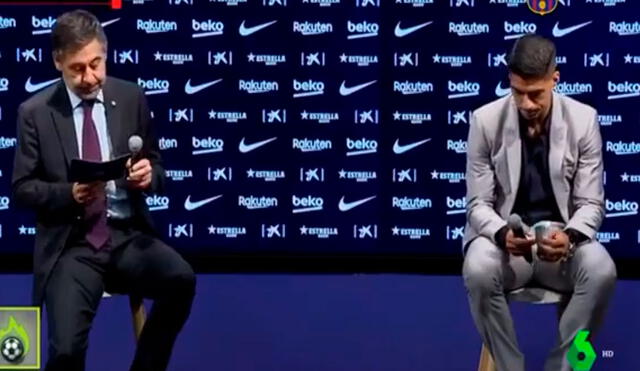 Luis Suárez brindó una conferencia para despedirse del club y sus compañeros. Foto: Captura de Barca TV