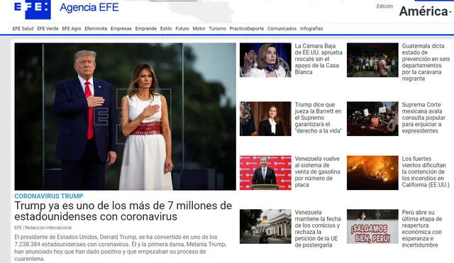 Así informó Agencia EFE el positivo al Covid-19 de Donald y Melania Trump. Foto: Captura web Agencia EFE.