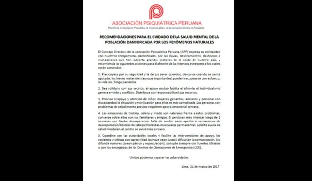 La Asociación Psiquiátrica Peruana aconseja como ayudar a damnificados 