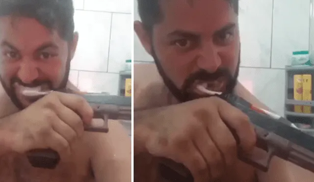 Facebook Viral: Este hombre demuestra que no le tiene miedo a nada al lavarse los dientes con pistola cargada [VIDEO] 