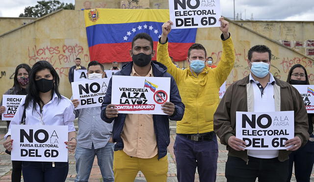 Venezolanos por el mundo se expresan en rechazo a las Elecciones Parlamentarias en el país sudamericano. Foto: AFP.