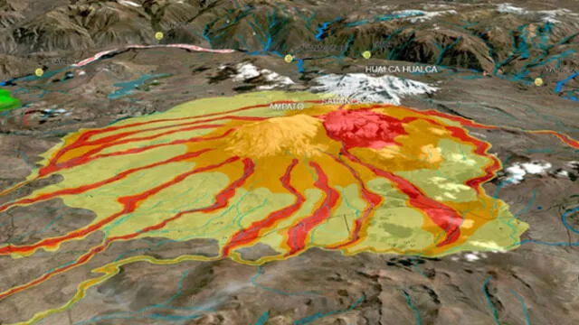 Mapa 3D muestra las zonas de mayor peligro por el proceso eruptivo del volcán Sabancaya 
