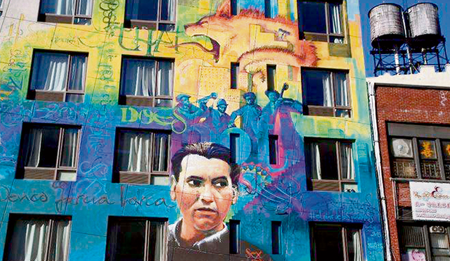 Poeta en NY. El vate español Federico García Lorca en un mural de una calle neoyorkina.