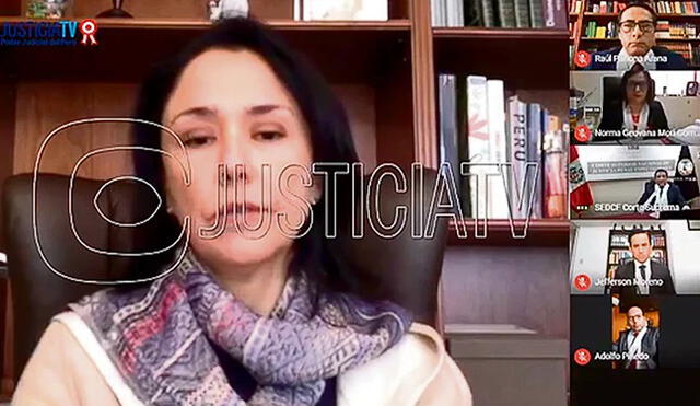 Nadine Heredia en audiencia virtual transmitida por Justicia TV en redes.