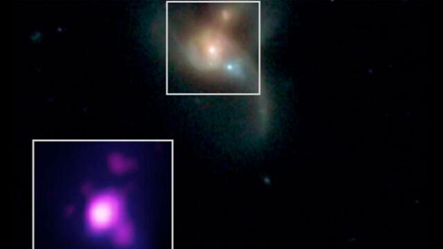 Los agujeros negros se acercan a medida que sus galaxias chocan entre sí. Imagen: NASA.
