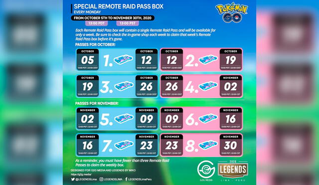 Estas son las fechas en las que todos los jugadores de Pokémon GO recibirán un pase de incursión remota gratis. Foto: LEGENDS